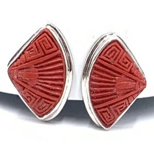 SAJEN 925 Sterling Silver Clip On Carved Cinnabar Fan Earrings Vintage Signed